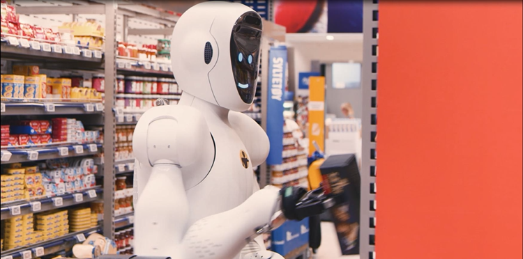 smiling robot in a grocery store